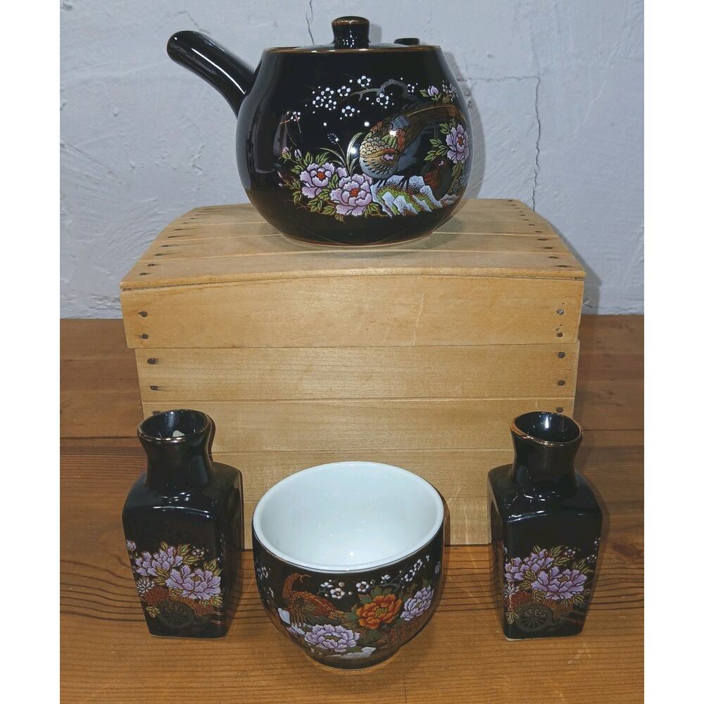 LOT Of 4 Black Vintage Asian Japanese Sake Pot Peacock cup 2 Bud vases #20